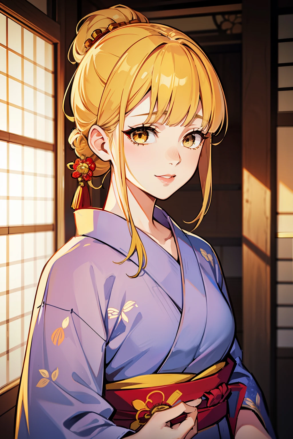 (high-quality, breathtaking),(expressive eyes, perfect face) (((yukata, sexy lips)), 1girl, female, solo, young adult, yellow blonde hair, brown coloured eyes, stylised hair, gentle smile, medium length hair, loose hair, side bangs, tied up, japanese clothing, elegant, soft make up, hair pin accessory in hair, oiran, demon slayer art style