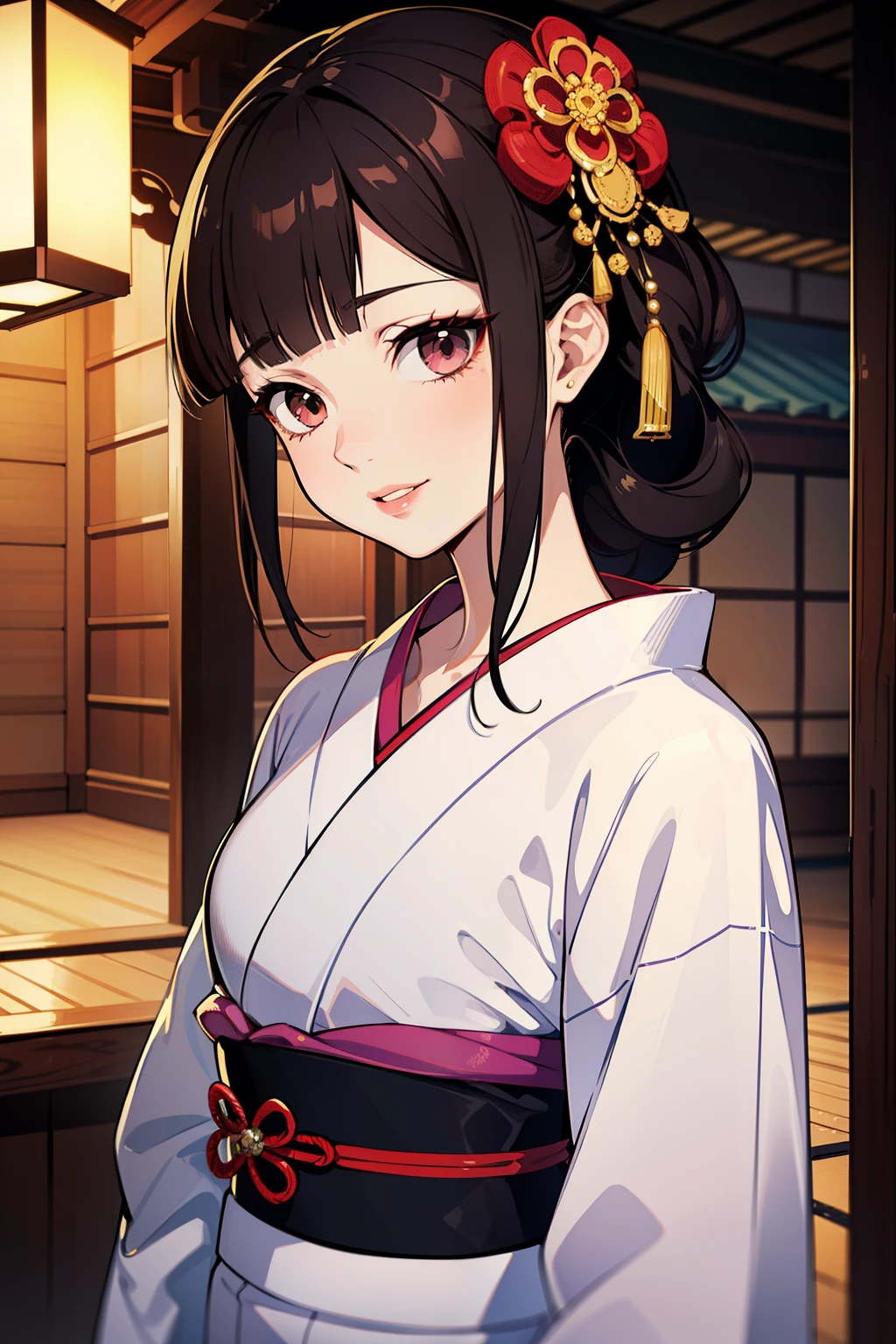 (high-quality, breathtaking),(expressive eyes, perfect face) (((yukata, sexy lips)), 1girl, female, solo, young adult, brown hair, black coloured eyes, stylised hair, gentle smile, medium length hair, loose hair, side bangs, tied up, japanese clothing, elegant, soft make up, hair pin accessory in hair, oiran, demon slayer art style