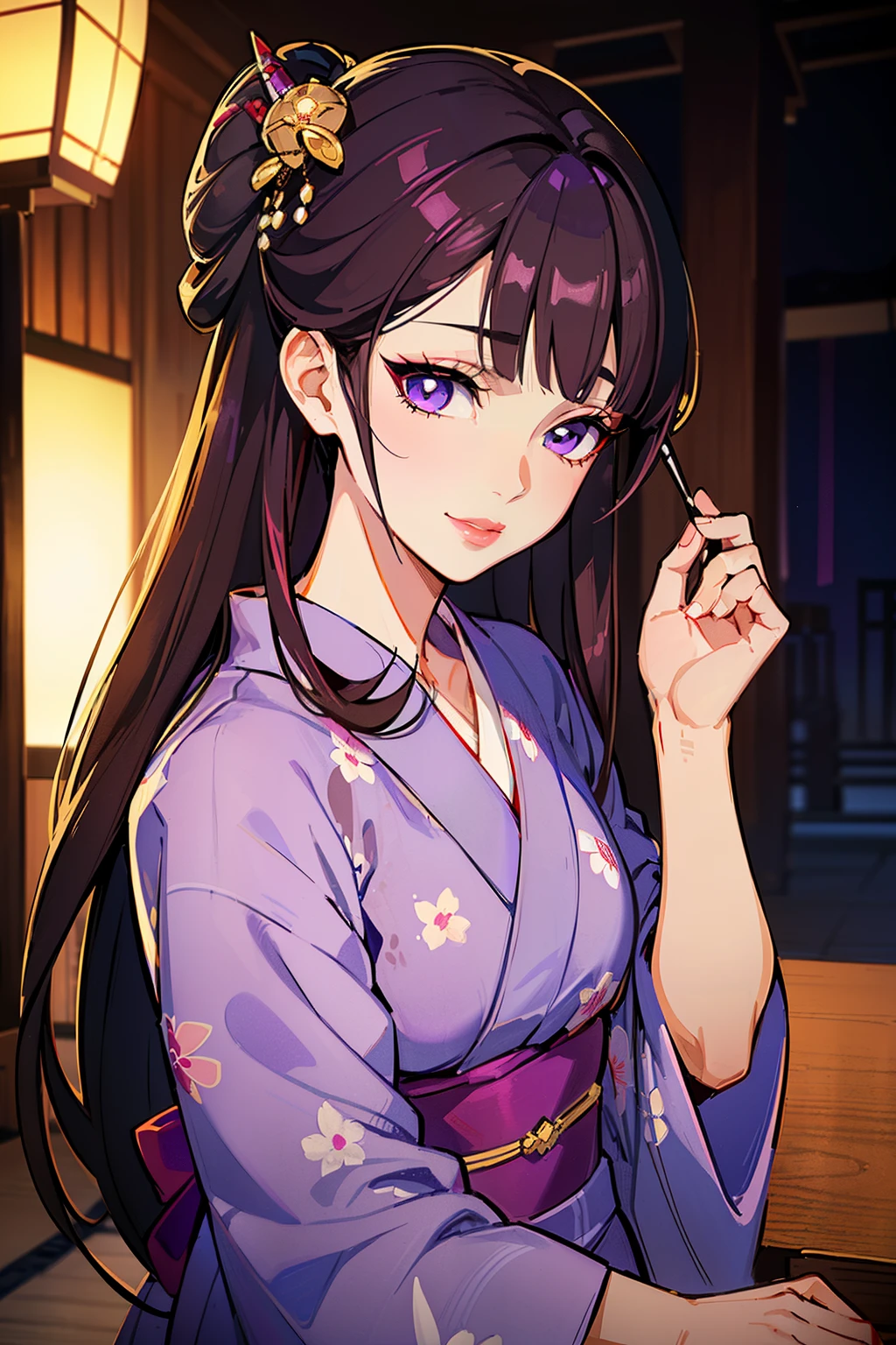(high-quality, breathtaking),(expressive eyes, perfect face) (((yukata, sexy lips)), 1girl, female, solo, young adult, dark brown hair, purple coloured eyes, stylised hair, gentle smile, long length hair, loose hair, side bangs, tied up, japanese clothing, elegant, soft make up, hair pin accessory in hair, demon slayer art style