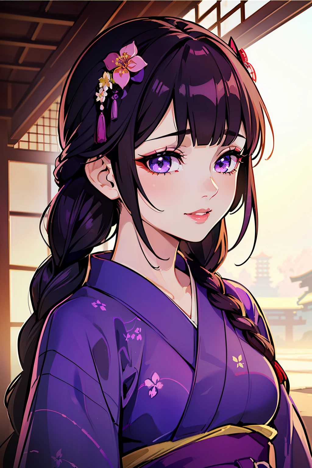 (high-quality, breathtaking),(expressive eyes, perfect face) (((yukata, sexy lips)), 1girl, female, solo, young adult, dark brown hair, purple coloured eyes, stylised hair, gentle smile, long length hair, loose hair, side bangs, braided, japanese clothing, elegant, soft make up, flower accessory in hair, demon slayer art style