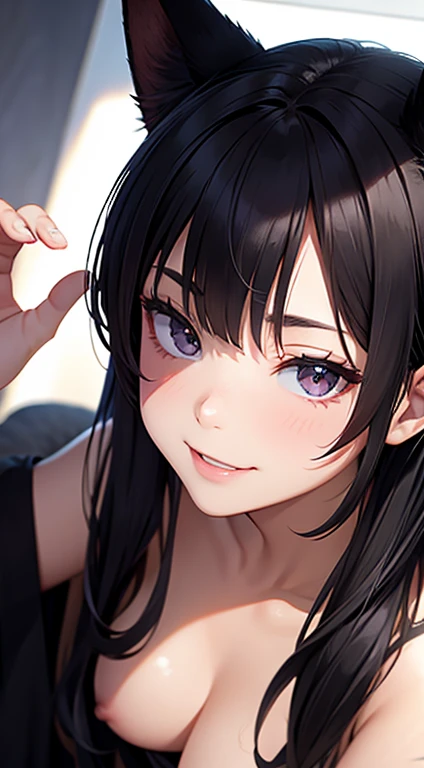 black hair, hair bobbles, wince, longeyelashes, solid circle eyes, fake animal ears, light smile, ear blush, fang, Surrealism, drop shadow, anaglyph, stereogram, tachi-e, pov, atmospheric perspective, 8k, super detail, ccurate, best quality, nude