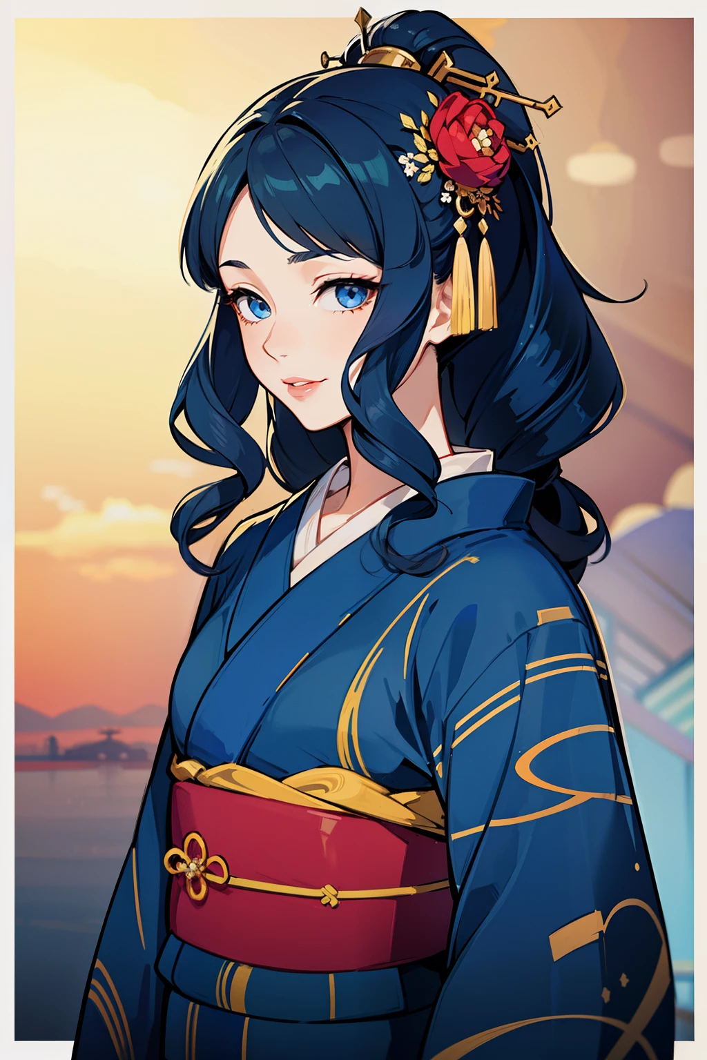 (high-quality, breathtaking),(expressive eyes, perfect face) (((yukata, sexy lips)), 1girl, female, solo, young adult, brown hair, blue streaks, blue coloured eyes, stylised hair, gentle smile, medium length hair, loose hair, side bangs, curley hair, japanese clothing, elegant, soft make up, hair pin accessory in hair, oiran, demon slayer art style