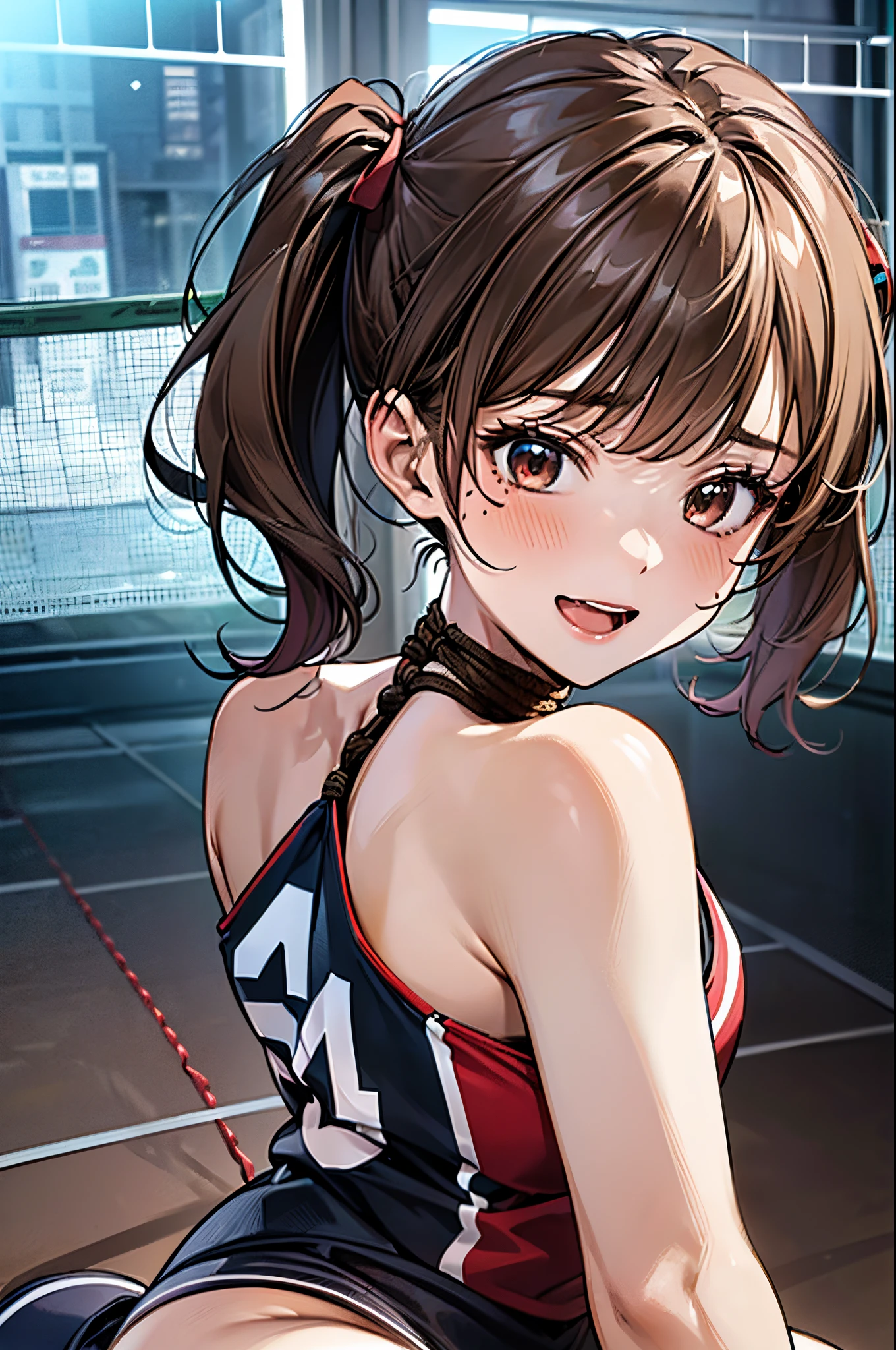 ((((perfect anatomy, anatomically correct, super detailed skin)))), 1 girl, japanese, 16 years old, volleyball player, shiny skin, watching the view, 
beautiful hair, beautiful face, beautiful detailed eyes, brown eyes, (short hair:1.4, twintails:1.7), babyface, mole under eye, 
beautiful collarbones, beautiful body, beautiful breasts, beautiful thighs, beautiful legs, large breasts:0.5, seductive thighs, cameltoe, bare arms, bare hands, bottomless, break, 
((symmetrical clothinetallic)), (((buruma), sleeveless volleyball uniform)), break, 
(((((brown rope)), shibari:1.5, (shibari over clothes)))), ((arms behind back:1.5), breasts bondage, arms bondage, legs bondage), (((toys in panties))), 
((ashamed, open mouth)), ((kneeling, spread legs)), break, 
(beautiful scenery), evening, day, ((volleyball gymnasium, volleyball cort)), 
(8k, top-quality, masterpiece​:1.2, extremely detailed), (photorealistic:1.2), beautiful illustration, cinematic lighting,
