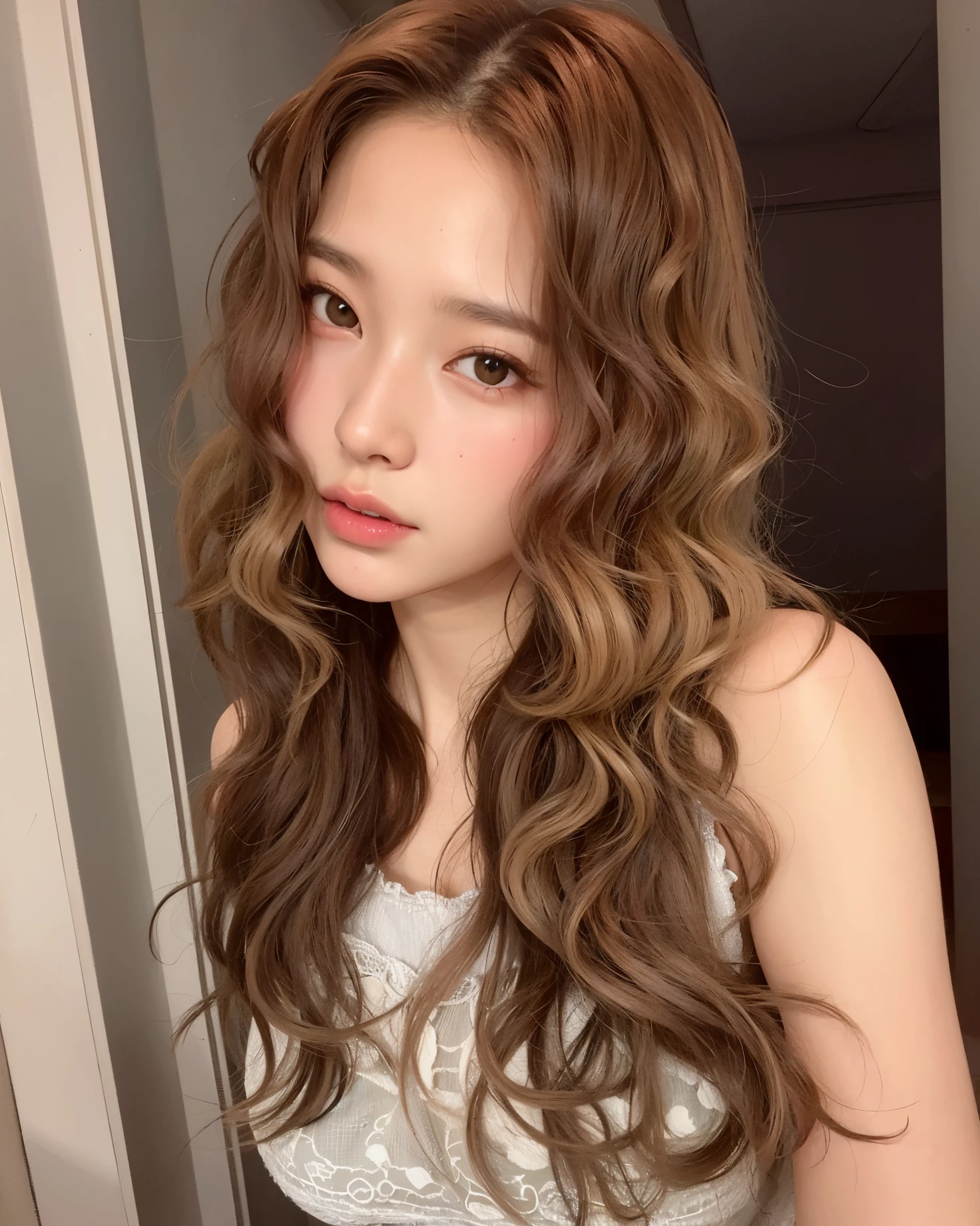 A close up of a woman with long hair wearing a white top - SeaArt AI