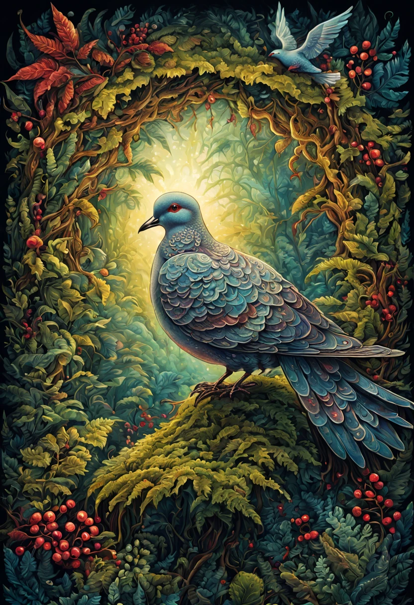 centered, triadic colors, best quality, a close up highly detailed Dove, moss, ferns, rowanberries, highly detailed glittering scales, by Craola, Dan Mumford, Andy Kehoe, 2d, flat, cute, adorable, vintage, art on a cracked , fairytale, storybook detailed illustration, cinematic, ultra highly detailed, tiny details, beautiful details, mystical, luminism, vibrant colors, complex background,more detail XL