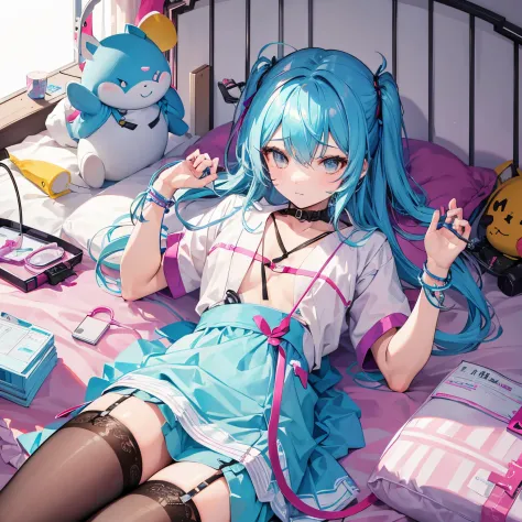 An 18-year-old boy  lying on a bed in a transgender hospital undergoing  reassignment surgery.，The operation was successful，From a boy to a colorful、Idol girl wearing stockings，（There are surgical tools nearby，And medical machines）I feel better in my heart...