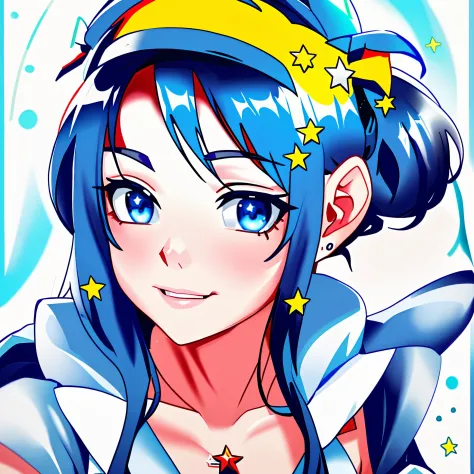 a close up of a woman with a headband with stars on it, with stars, with kind face, wearing angel halo, with accurate face, blur...