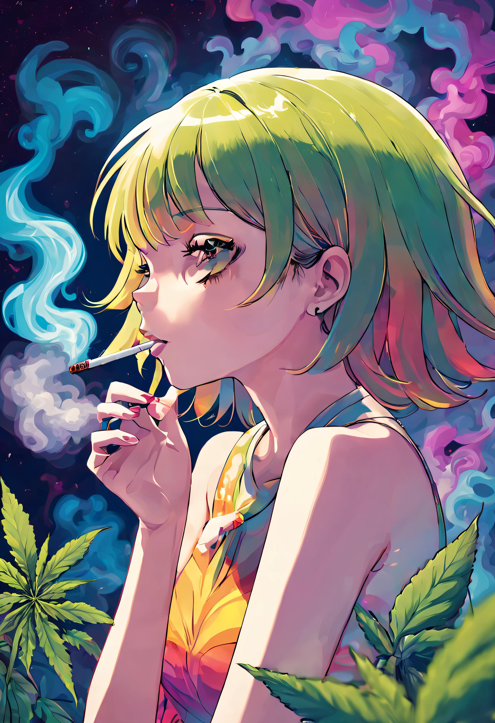 THC ジョイントを吸う女の子, サイケデリックな色彩, 風変わりなパターン, 鮮やかでシュールな, 大麻文化, リラックスした雰囲気, 心を変える経験, 立ち上る煙, 霞んだ雰囲気, 鮮やかな色彩, 輝き、脈動する, 多幸感, 宇宙エネルギー