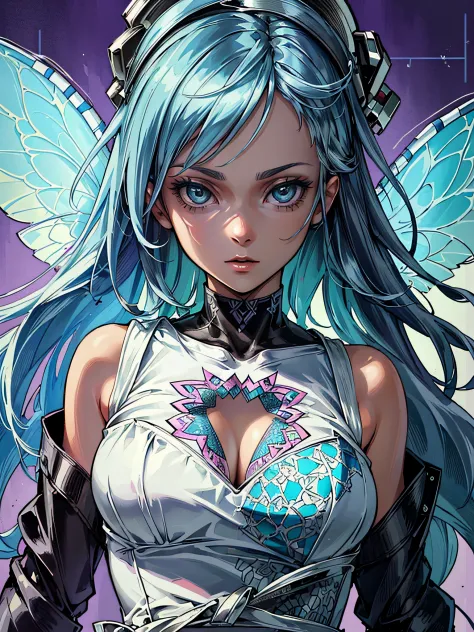 (Illustration of a fairy bride with intricate details:1.3), (((GTA style fairy skin:1.2))), A shining wind blows through with flowers, Beautiful eyes with fine gradation, Symmetrical eyes, eyes with big highlights, Heterochromia, bright black eyes and ligh...