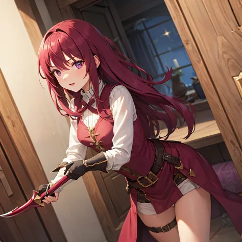 1girl, (Maroon Hair), Purple Eyes, Small Breasts, Wielding a Dagger, Five Fingers, Medieval Style vest and armor,