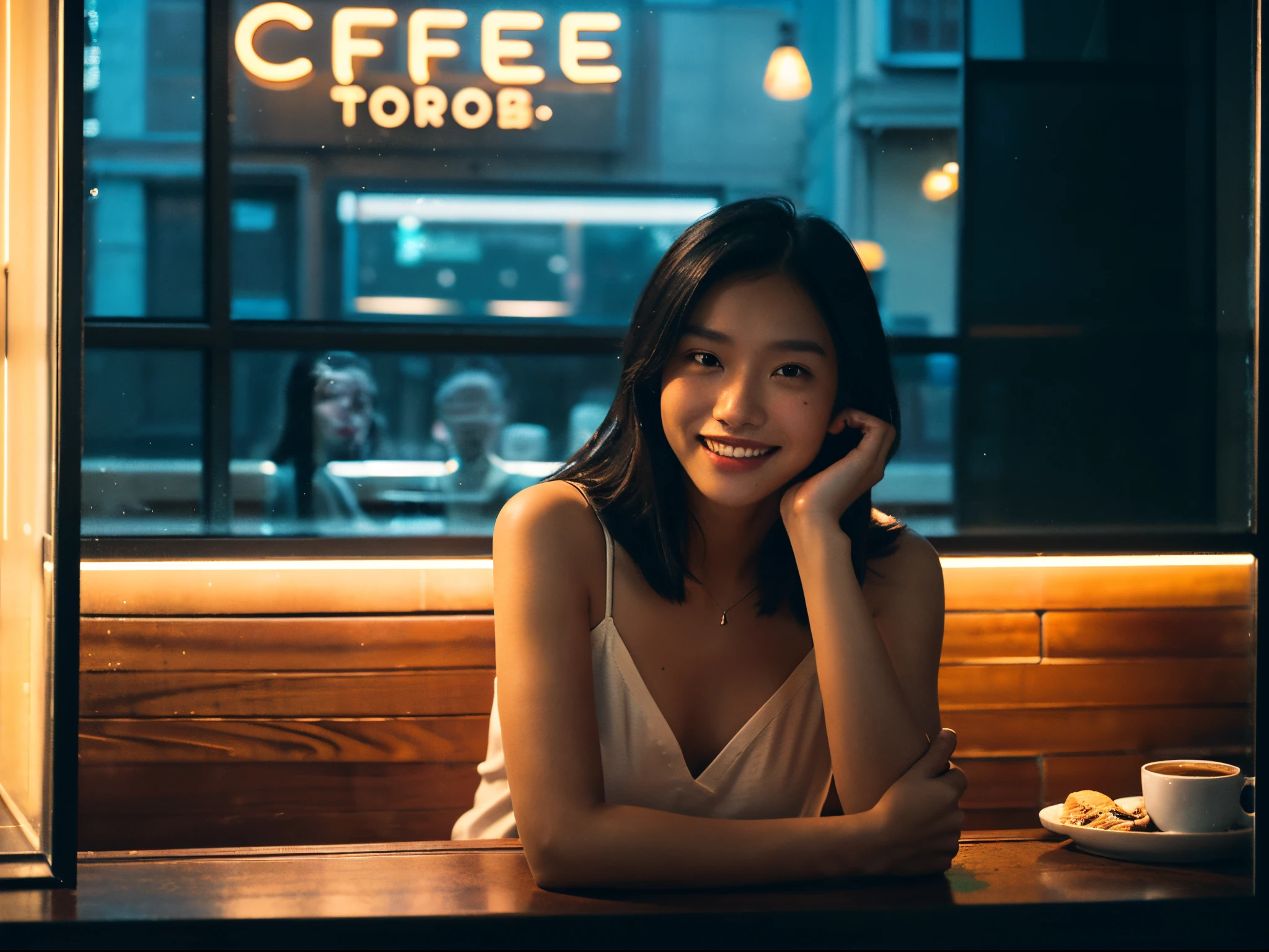 1 chica, una mujer sentada junto a la ventana de una cafetería tomando café. peca, aparatos dentales, Noche, Hong Kong, Señal de neón, (sonrisa:1.2), el fotógrafo que caminaba por la calle se veía hermoso y le tomó fotos afuera de la ventana, instantánea, fotografía callejera, (cara que visible a través del cristal:1.3), dark, luz baja, low key