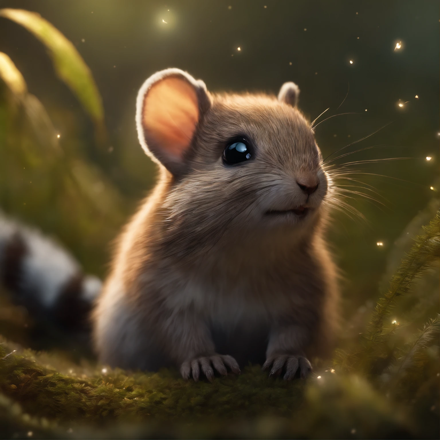 Close up of cute tiny fireflies, lighting up a bush, a detailed painting, cgsociety, Detailed painting, artstation hd, high detail, cgsociety, photo realism, Concept art, artstation hd, official arts, bokeh ,gremlin, like a gopher, petite girl, big breastes, windy character, fighting look,   Short legs, fluffy tail and miniature ears. The back is an earthy gray color. Specks are clearly visible on it, dark ripples, longitudinal stripes. The abdomen is light, yellowish  ,gifts in paws, brown fur, short tail, Pink leather coat, New Year&#39;s hat, The clothes, Best Quality, Masterpiece, in style of dark fantasy art