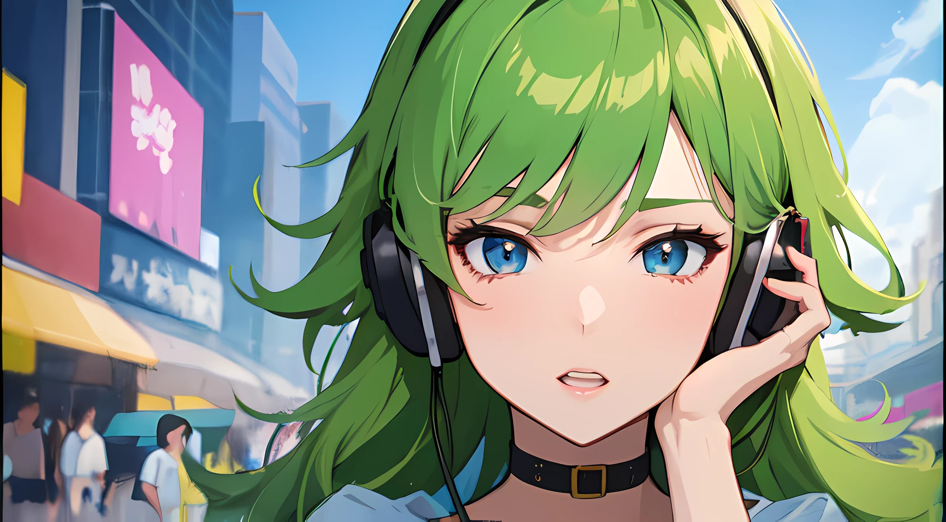 Anime girl with green hair and headphones on talking on a cell phone -  SeaArt AI