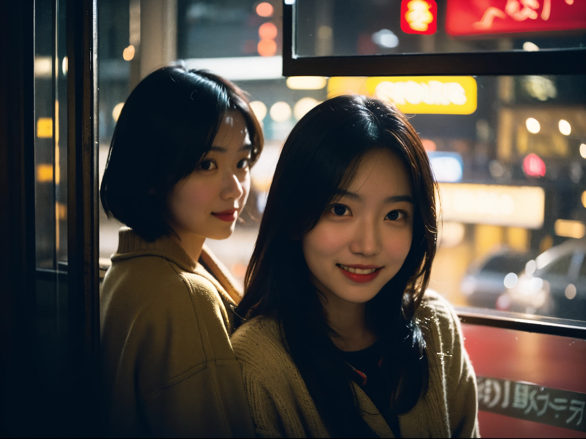 2girl, the girls talking in the coffee shop by the window, woman looking into the distance, night, tokyo, neon sign, (little smile:1.2), the photographer walking down the street looked beautiful and took pictures of her outside the window, snapshot, street photography, (face that visible through the glass:1.3), dark, low light, low key, wide angle