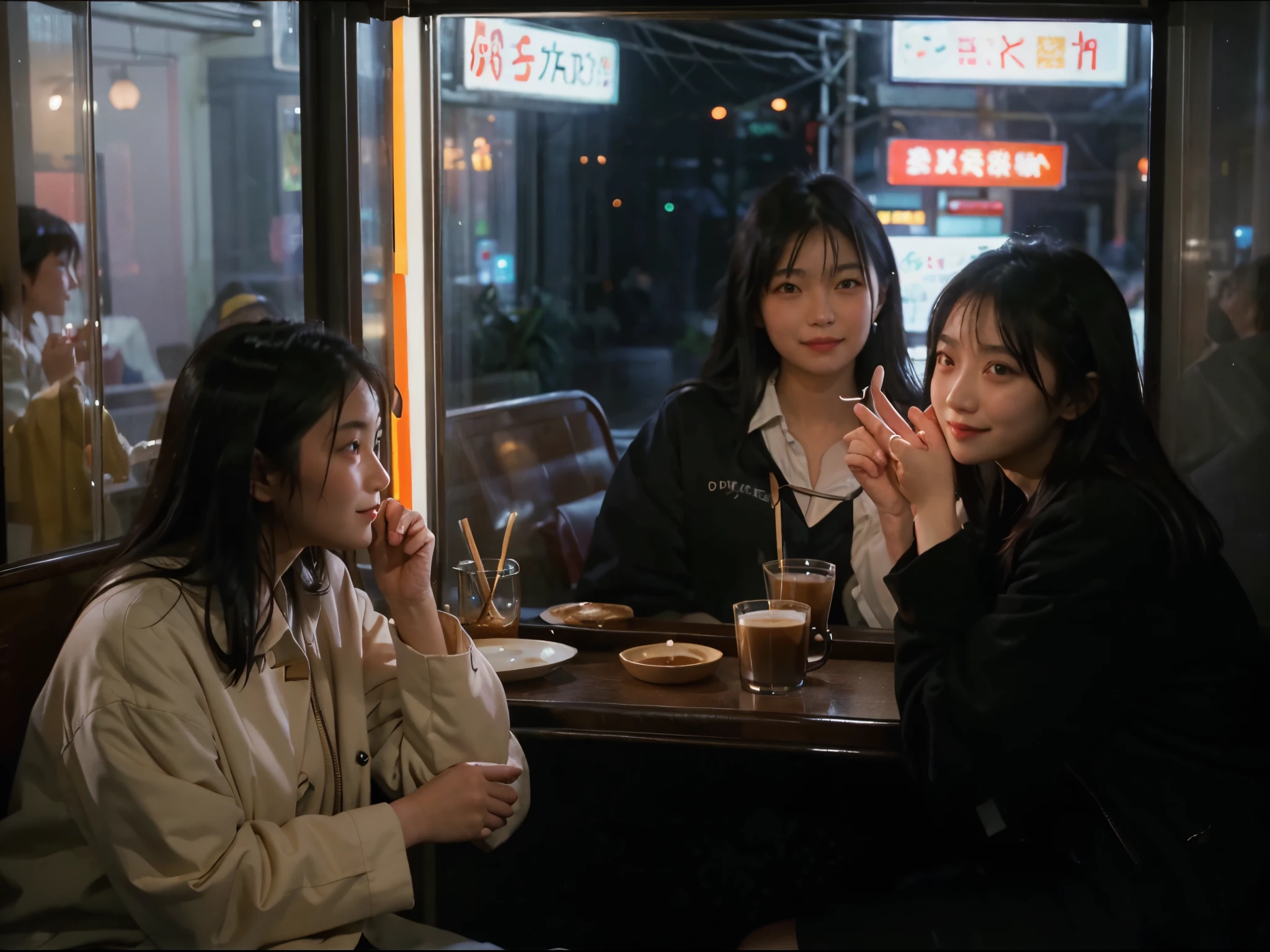 2girl, the girls talking in the coffee shop by the window, woman looking into the distance, night, tokyo, neon sign, (little smile:1.2), the photographer walking down the street looked beautiful and took pictures of her outside the window, snapshot, street photography, (face that visible through the glass:1.3), dark, low light, low key, wide angle