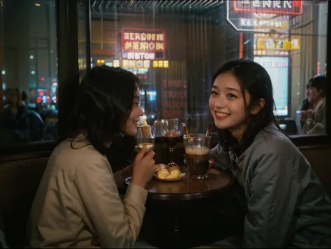 2girl, the girls talking in the coffee shop by the window, woman looking into the distance, night, tokyo, neon sign, (little smile:1.2), the photographer walking down the street looked beautiful and took pictures of her outside the window, snapshot, street...