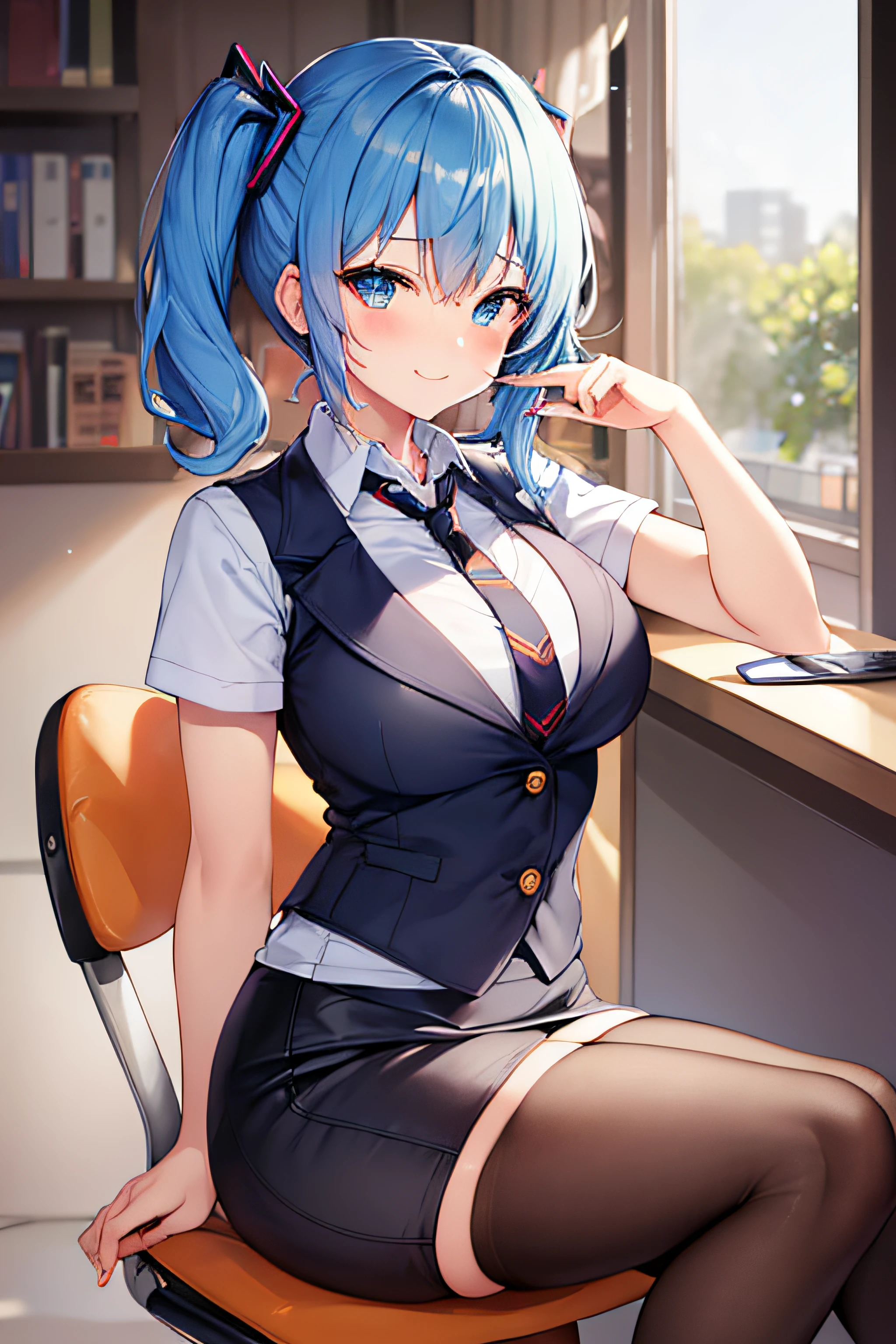 ​masterpiece、Top image quality、超A high resolution、miku hatsune、blue hairs、Twin-tailed、Short hair、Smile、White dress shirts、pencil skirts、Plaid vest、firm breasts、well-shaped breasts、Black pantyhose、stylish white panties、Sit cross-legged in an office chair、Office