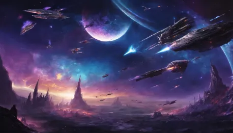 stars, space, nebula, open space, galaxy, blue and purple tones, space opera, greatness, eternity, calm, hyperrealism, spaceships. space battle, explosions, fighter, bombers, lasers, battleships, fire, space fleet, epic battle