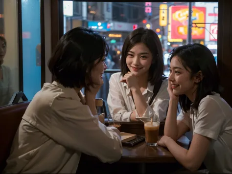 2girl, a girl is short hair and another girl has long hair, the girls talking in the coffee shop by the window, night, tokyo, neon sign, (little smile:1.2), the photographer walking down the street looked beautiful and took pictures of her outside the wind...