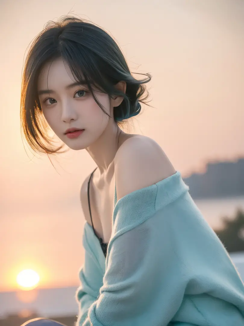 Best quality, tmasterpiece, 超高分辨率, (actual: 1.4), RAW photos, 1 sister, Green-eyed, Off-the-shoulder style, 电影灯光, Blue hair, At sunset