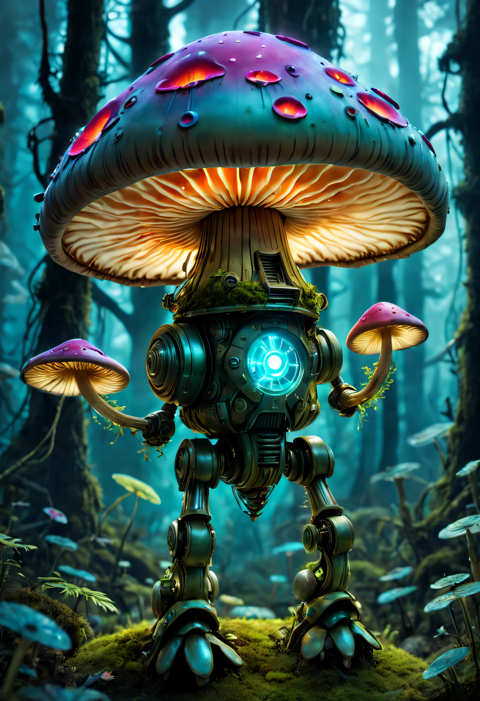 A robot with a mushroom on its head in the woods - SeaArt AI