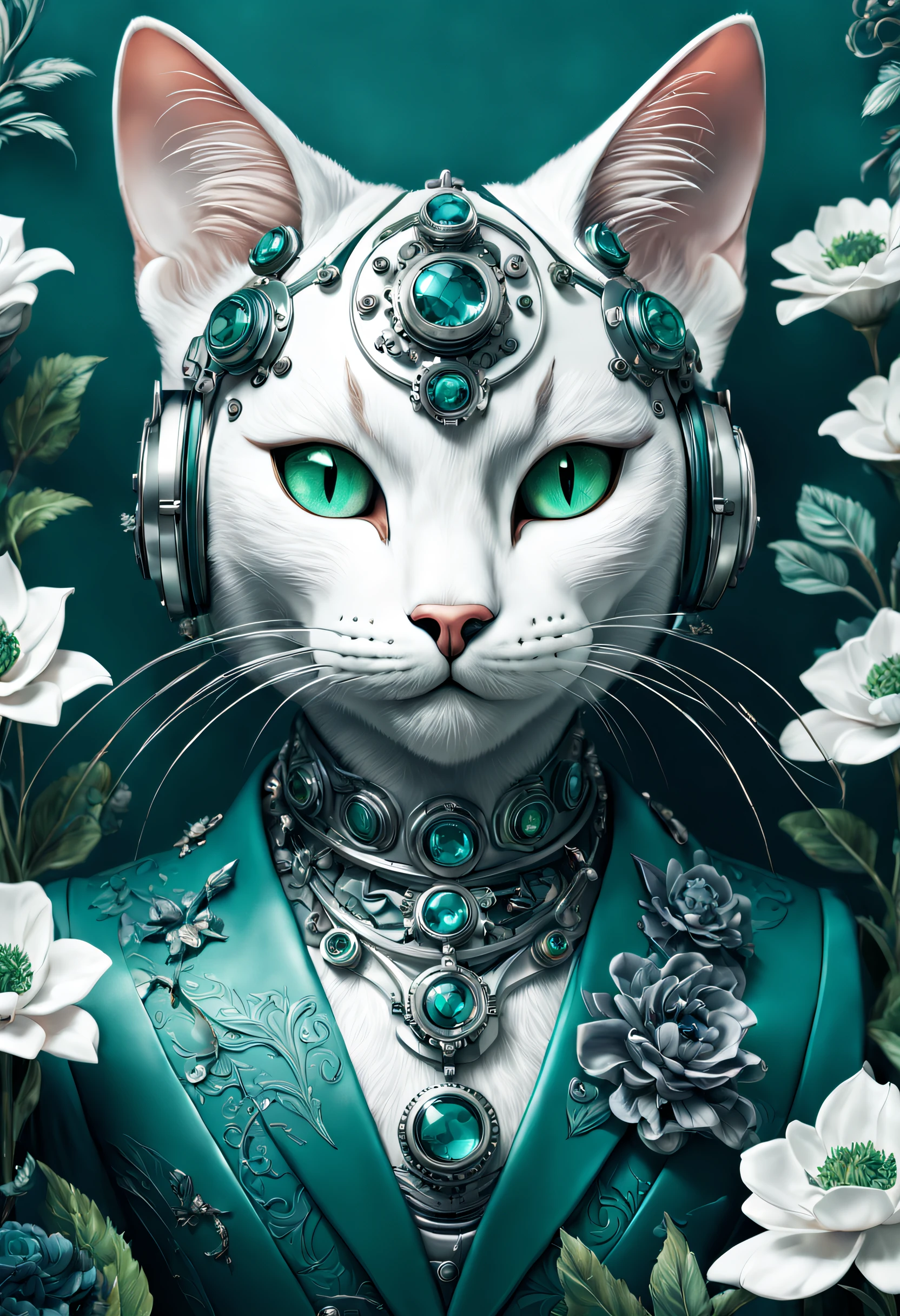 Mechanical cats，フォトリアリスティック，anthropomorphic cat，Role setting，Ultra-detailed graphics，s delicate face，8K，MagazineCover，Floral background decoration，intense color contrast，Dark color，Blue-green-white tones