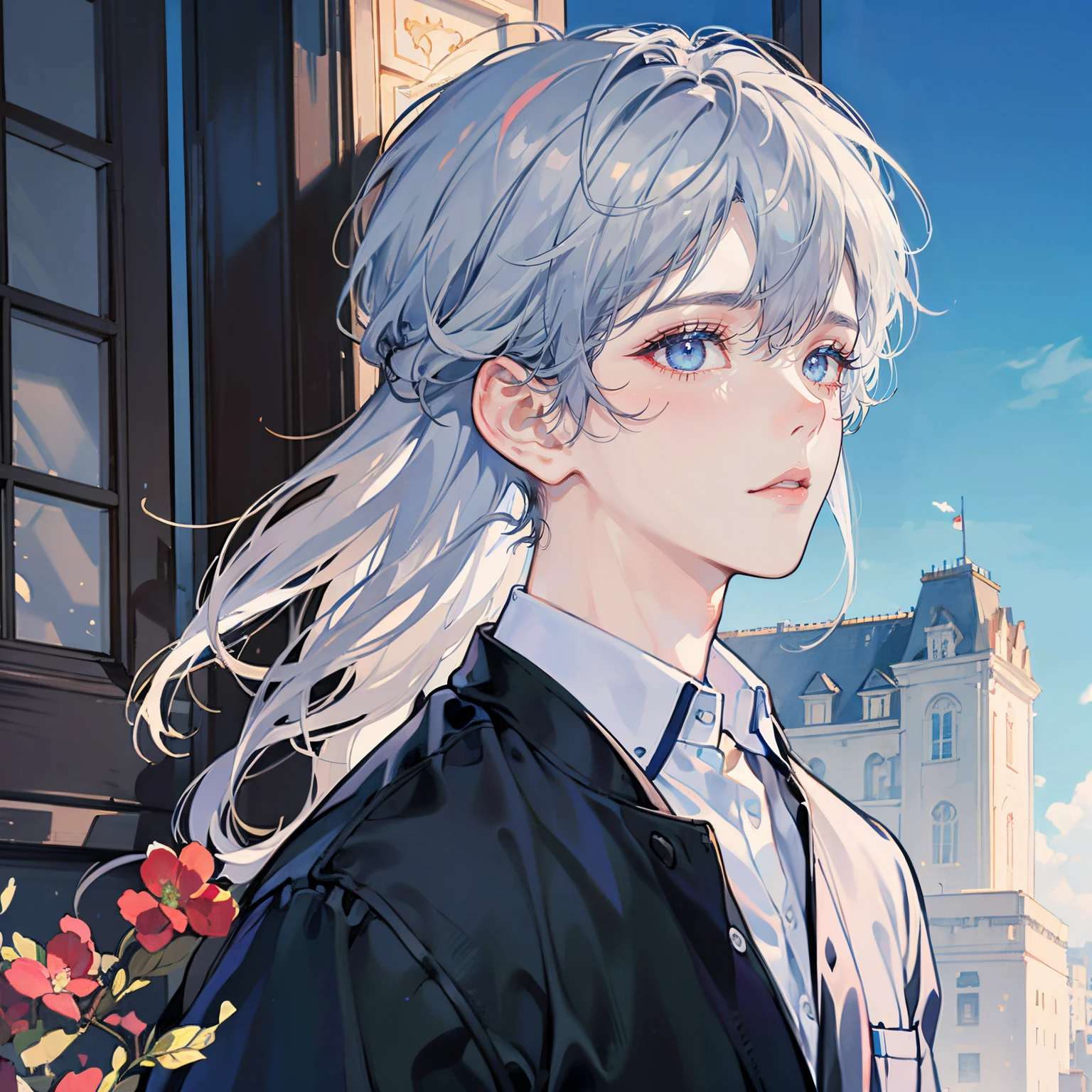 handsome boy, (1boy), messy silver hair, (blue eyes), busy street background, White cutter shirt, black pants, natural lighting, blue-sky, high resolution, Best Quality, (masterpiece, illustration, ultra-detailed), (highres : 1.2), (symmetrical eyes), 4k, ((detailed face)), (detailed fingers), ((symmetrical eyes)),