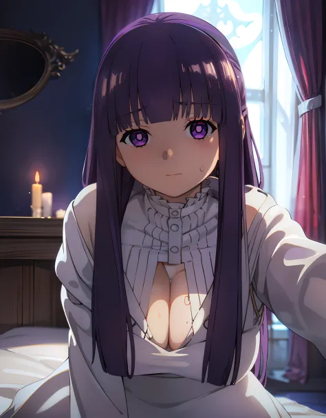 (Best Quality, Masterpiece),sexy,  erotic, 1girl, 18 years old, Contempt, pride, long purple hair, ((purple eyes)), white dress, looking at viewer, medival tabern, (close up), ((dark room)), sweat, candle lit, ((blushing)), off shoulder, cleavage, bed