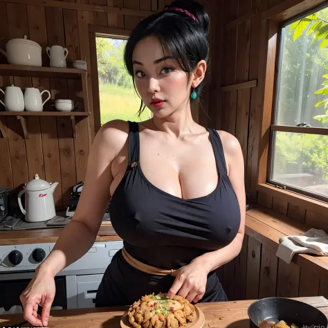 (masterpiece:1.1, Best Quality:1.1, 32K HDR, High resolution), (1girl in, Solo), (Ultra-realistic portrait of Chi-Chi(Older):1.1, dragonball z, Mature chichi, A MILF), Black hair, updo hair, Dango Hair, Yellow apron, nude epron, gigantic cleavage, Colossal...