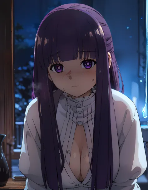 (Best Quality, Masterpiece),sexy, erotic, 1girl, 18 years old, Contempt, pride, long purple hair, ((purple eyes)), white dress, looking at viewer, medival tabern, (close up), ((dark room)), sweat, candle lit, (((blushing))), offshoulder, ((cleavage))