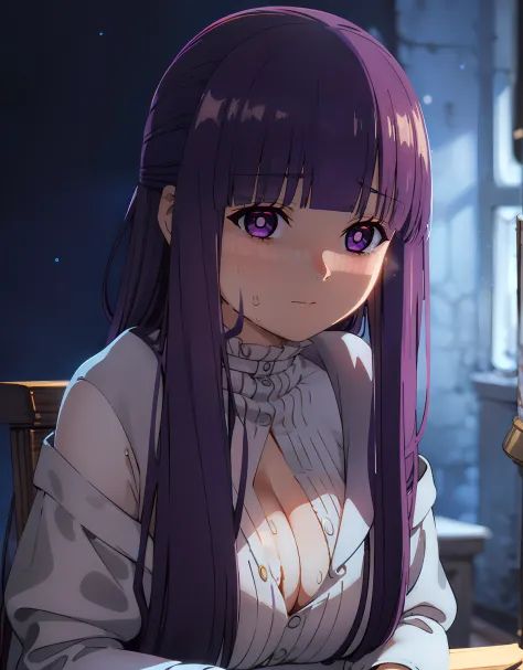 (Best Quality, Masterpiece),sexy, erotic, 1girl, 18 years old, Contempt, pride, long purple hair, ((purple eyes)), white dress, looking at viewer, medival tabern, (close up), ((dark room)), sweat, candle lit, (((blushing))), offshoulder, ((cleavage))