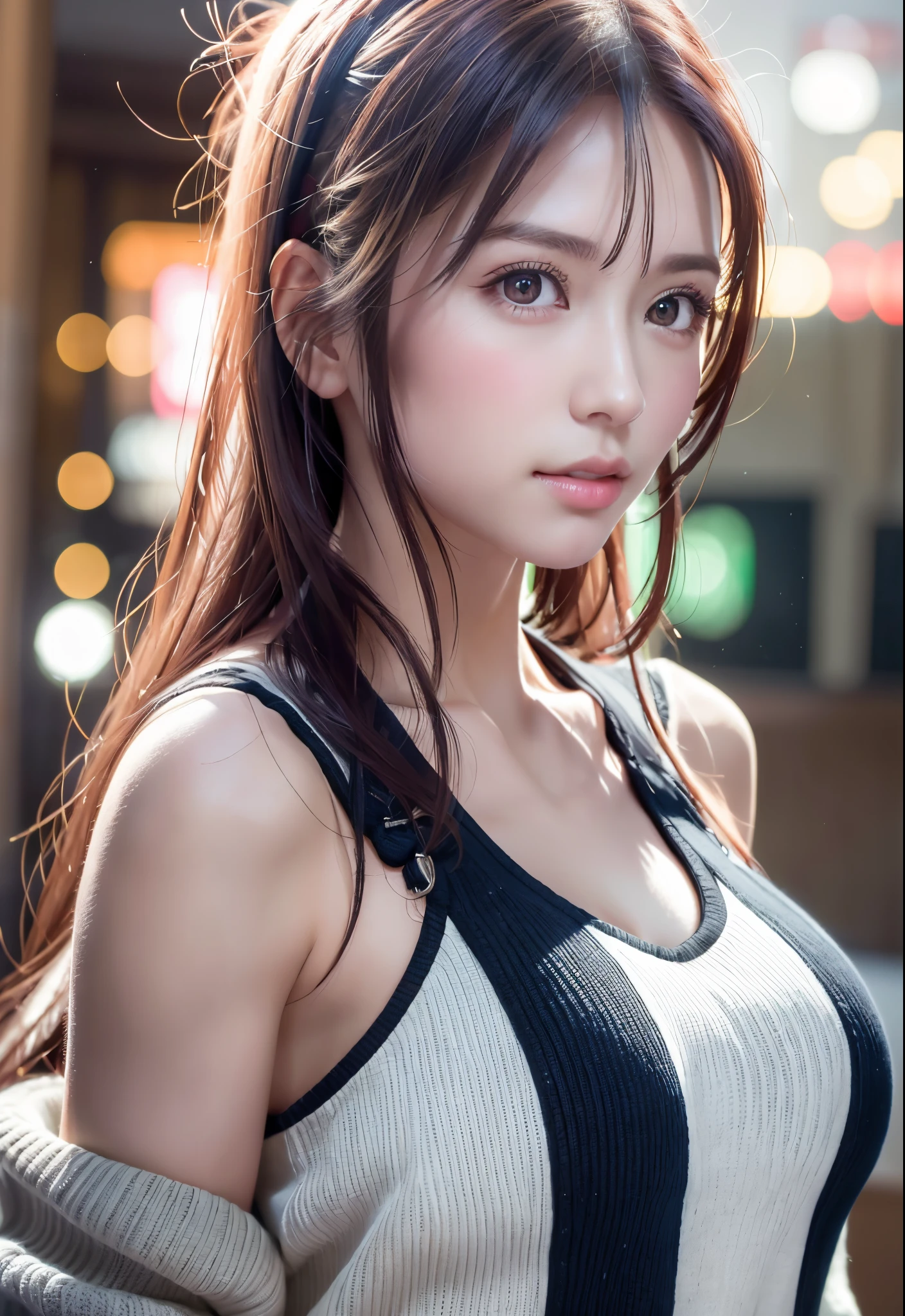 8K, of the highest quality, masutepiece:1.2), (Realistic, Photorealsitic:1.37), of the highest quality, masutepiece, Beautiful young woman, Pensive expression,、A charming、and an inviting look, Dobo dabo knitwear、cleavage of the breast, Hair tied back, Cinematic background, Light skin tone