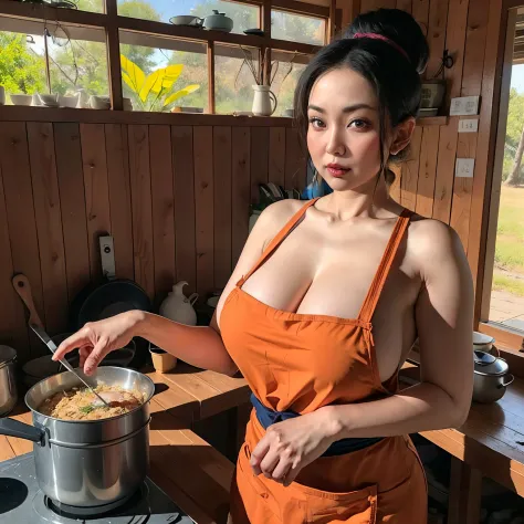 (masutepiece:1.1, Best Quality:1.1, 32K HDR, High resolution), (1girl in, Solo), (Ultra-realistic Chi-Chi portrait(Older):1.1, dragonball z, Mature chichi, A MILF), Black hair, updo hair, Dango Hair, Yellow apron, Nude Apron, gigantic cleavage, Colossal ti...