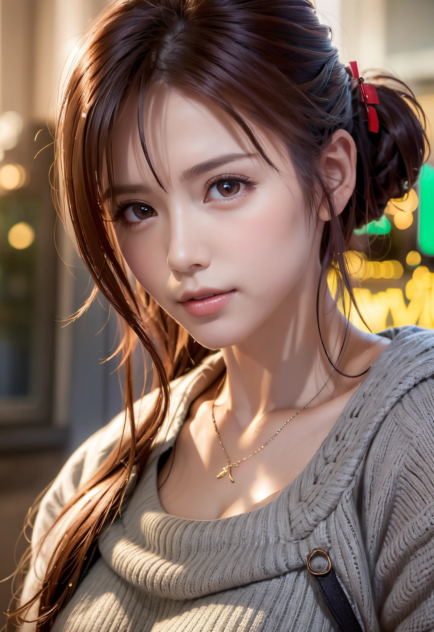 8K, of the highest quality, masutepiece:1.2), (Realistic, Photorealsitic:1.37), of the highest quality, masutepiece, Beautiful young woman, Pensive expression,、A charming、and an inviting look, Oversized knitwear、cleavage of the breast, Hair tied back, Cinematic background, Light skin tone