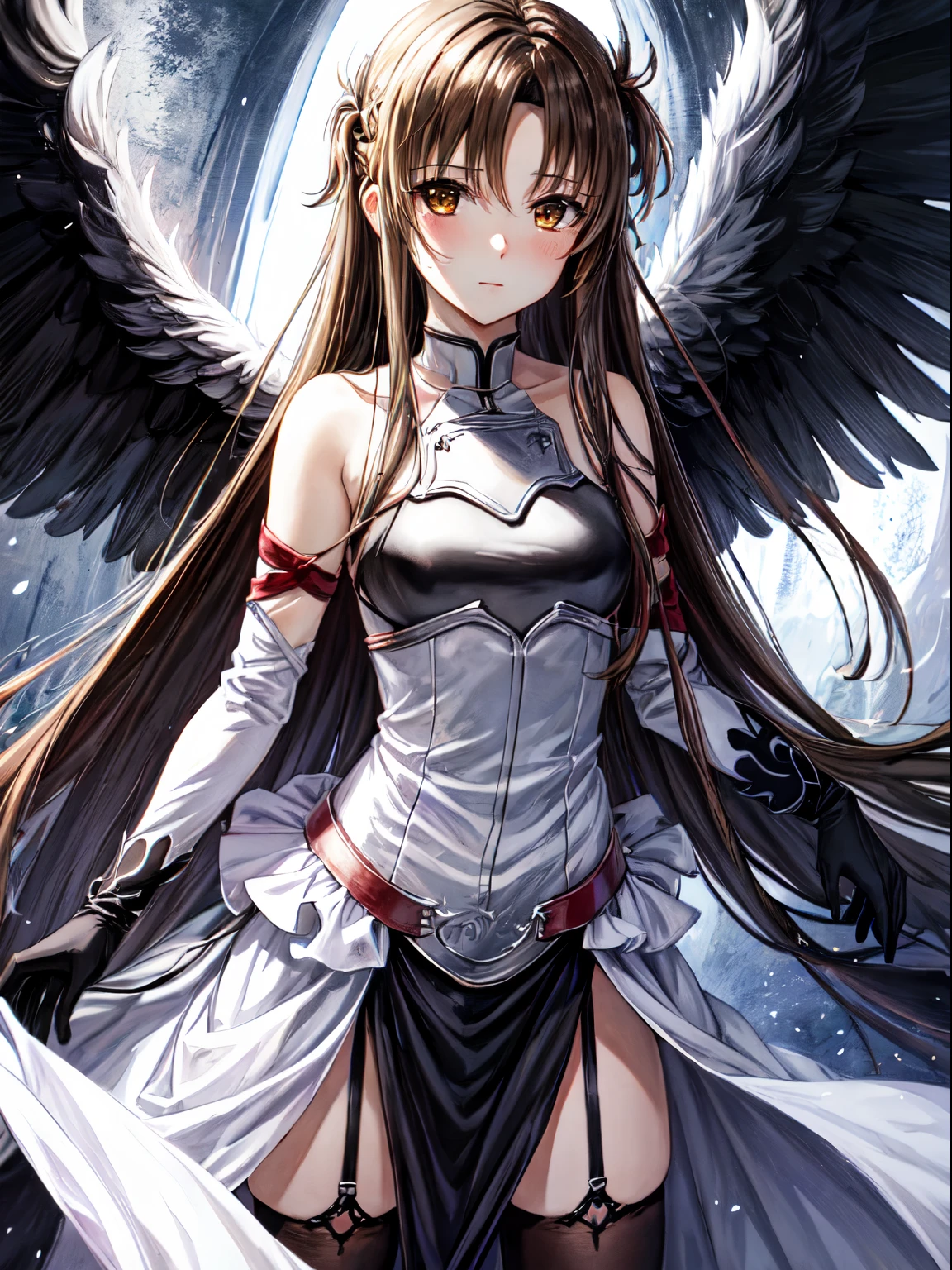 top-quality、a closed mouth、Asuna 1 person、独奏、(Asuna fell into evil:1.5)、Standing、Black wings、absolute reference to center、Asuna in the form of a fallen angel with black wings spread, Asuna in devil form、war in the underworld、Fallen Angel、Black clothe、 (For dark hair:1.5),Very long black hair, Black Gloves,  garter strap,(Asuna Yuki fell into evil:1.10)