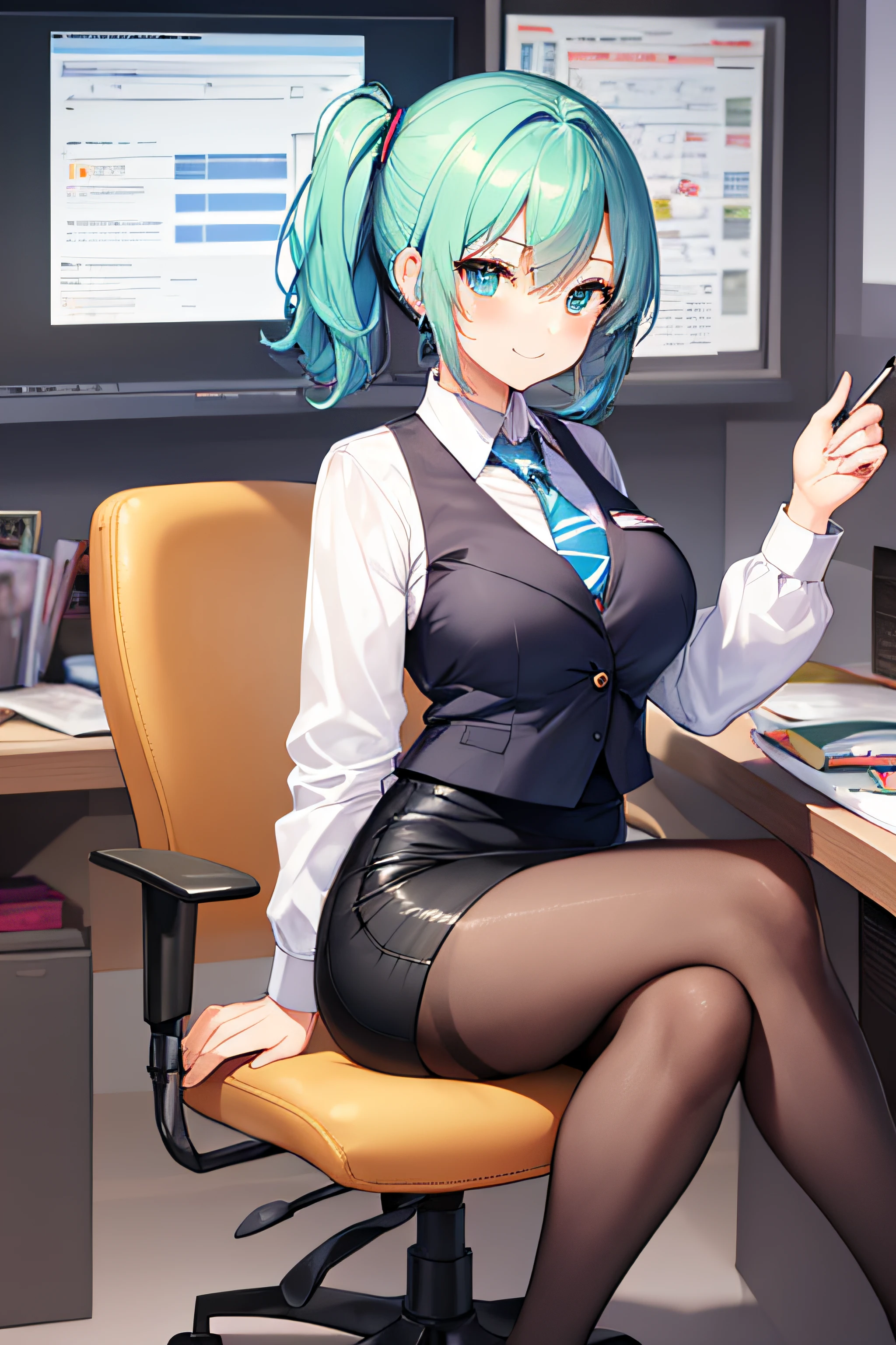 ​masterpiece、Top image quality、超A high resolution、miku hatsune、blue hairs、Twin-tailed、Short hair、Cute smile、White dress shirts、pencil skirts、office lady vest、firm breasts、well-shaped breasts、Black pantyhose、Sit cross-legged in an office chair、Office