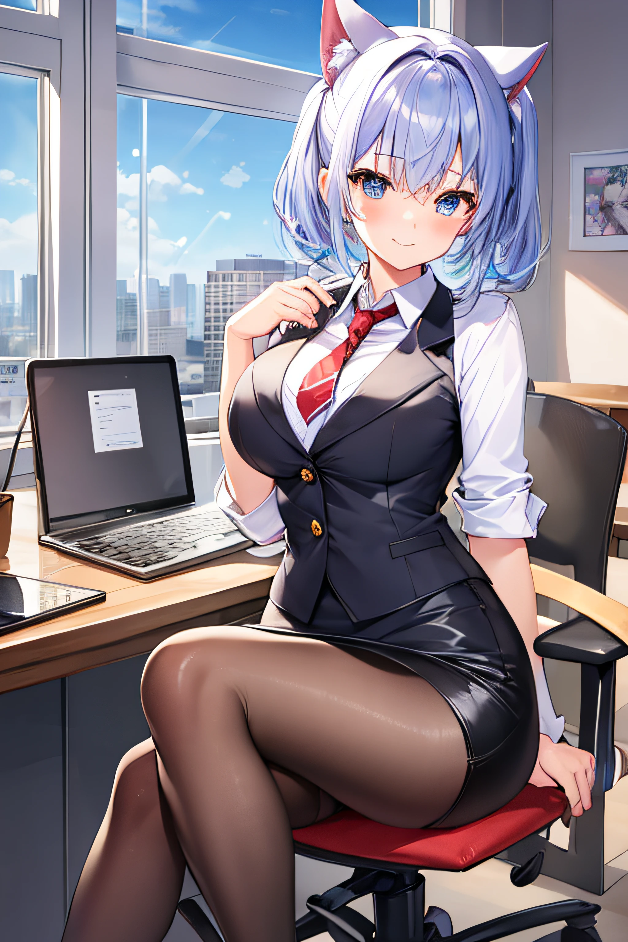 ​masterpiece、Top image quality、超A high resolution、miku hatsune、blue hairs、Twin-tailed、Short hair、Cute smile、White dress shirts、pencil skirts、office lady vest、firm breasts、well-shaped breasts、Black pantyhose、Sit cross-legged in an office chair、Office