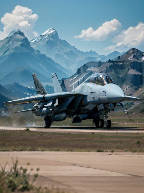 ((​masterpiece、top-quality、realisitic、ultra-detailliert、hight resolution、Photorealsitic、foco nítido、lighting like a movie))、F-14 Tomcat fighter、usa air force fighter、United States Air Force、Meadow covered with green grass in the background、flying above the...