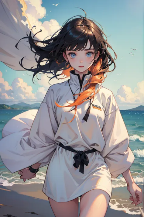 Beautiful young girl with oversized clothes and floating hair on the beach,