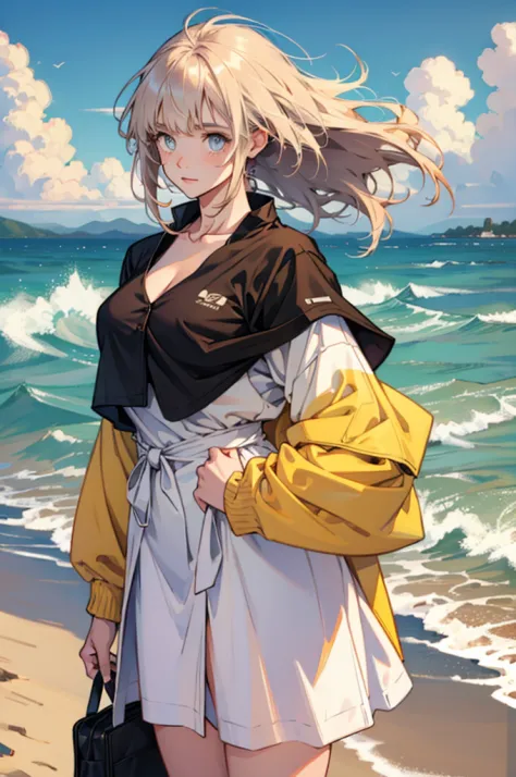 Beautiful young girl with oversized clothes and floating hair on the beach,