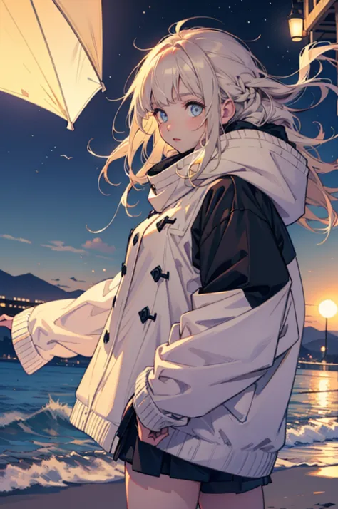 Beautiful young girl in oversized winter clothes and hair floating on the beach at night,