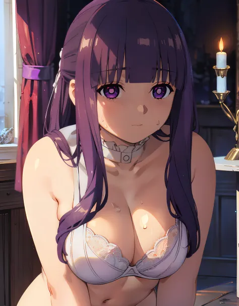 (Best Quality, Masterpiece),sexy, erotic, 1girl, 18 years old, Contempt, pride, long purple hair, ((purple eyes)), looking at viewer, medival tabern, (close up), ((dark room)), sweat, candle lit, (((blushing))), ((cleavage)), ((white bra)), ((nude))