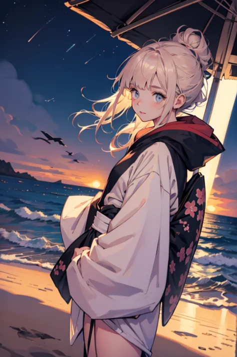 Beautiful young girl in oversized winter clothes and hair floating on the beach at night,kimono