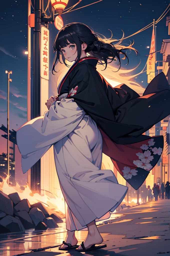 Beautiful young girl in oversized winter clothes and hair floating on the beach at night,kimono