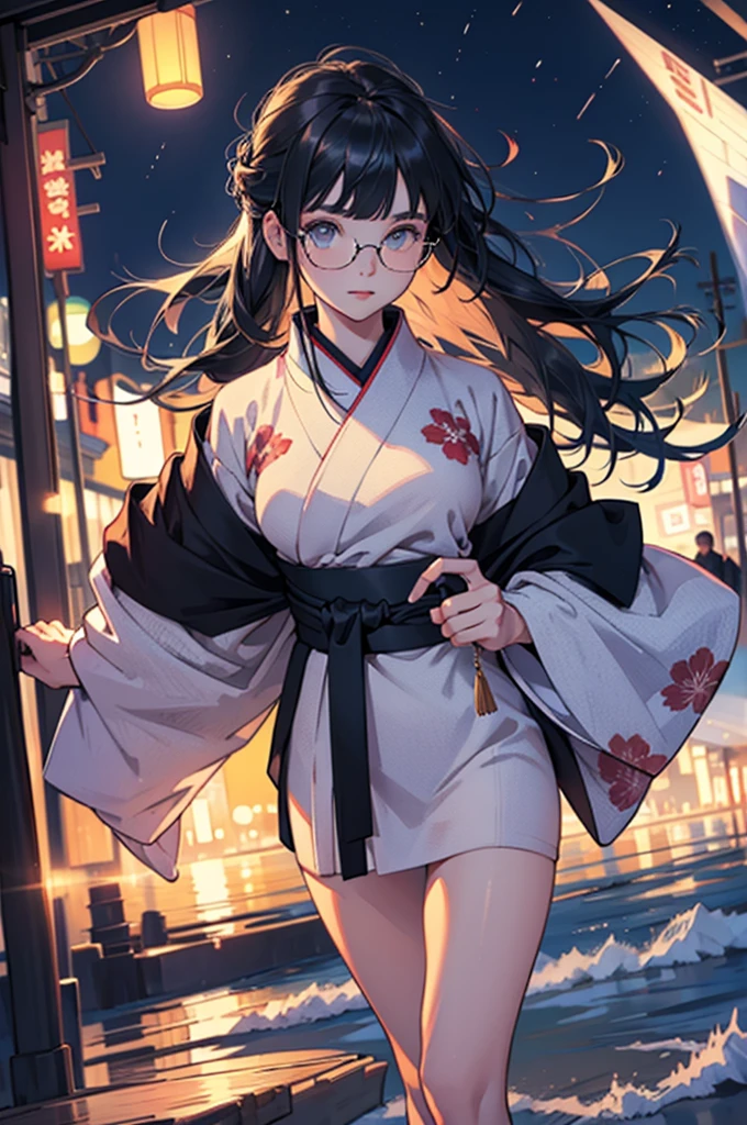 Hermosa joven con ropa de invierno de gran tamaño y cabello flotando en la playa por la noche,Kimono、gafas