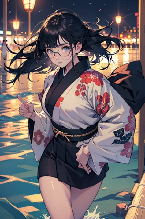 Beautiful young girl in oversized winter clothes and hair floating on the beach at night,Kimono、eye glass