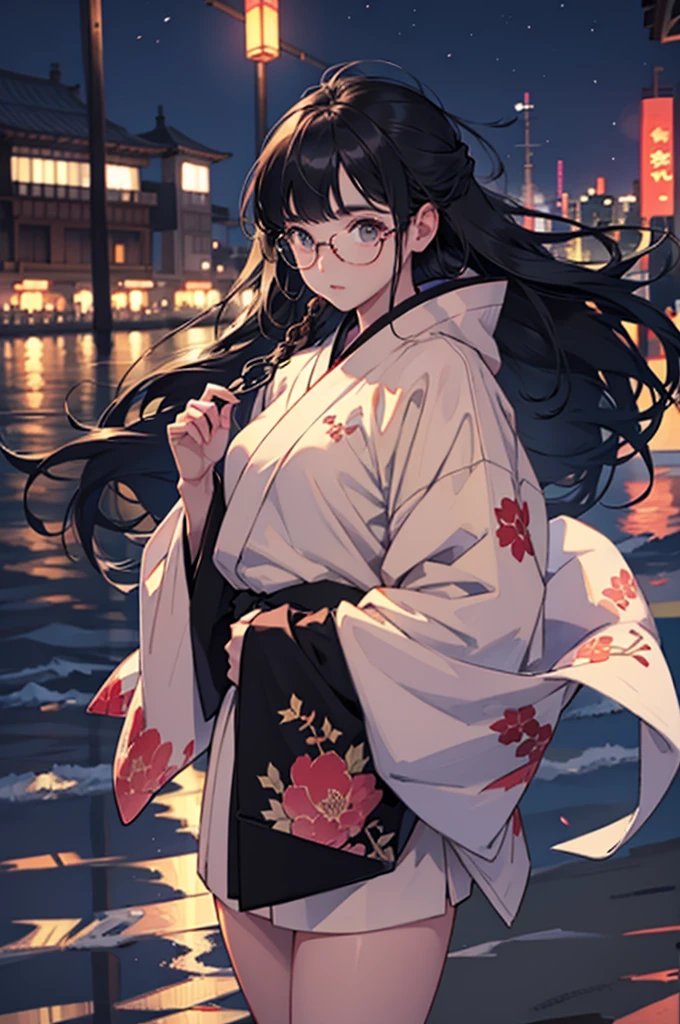 Belle jeune fille en vêtements d&#39;hiver surdimensionnés et cheveux flottant sur la plage la nuit,kimono、verre pour les yeux