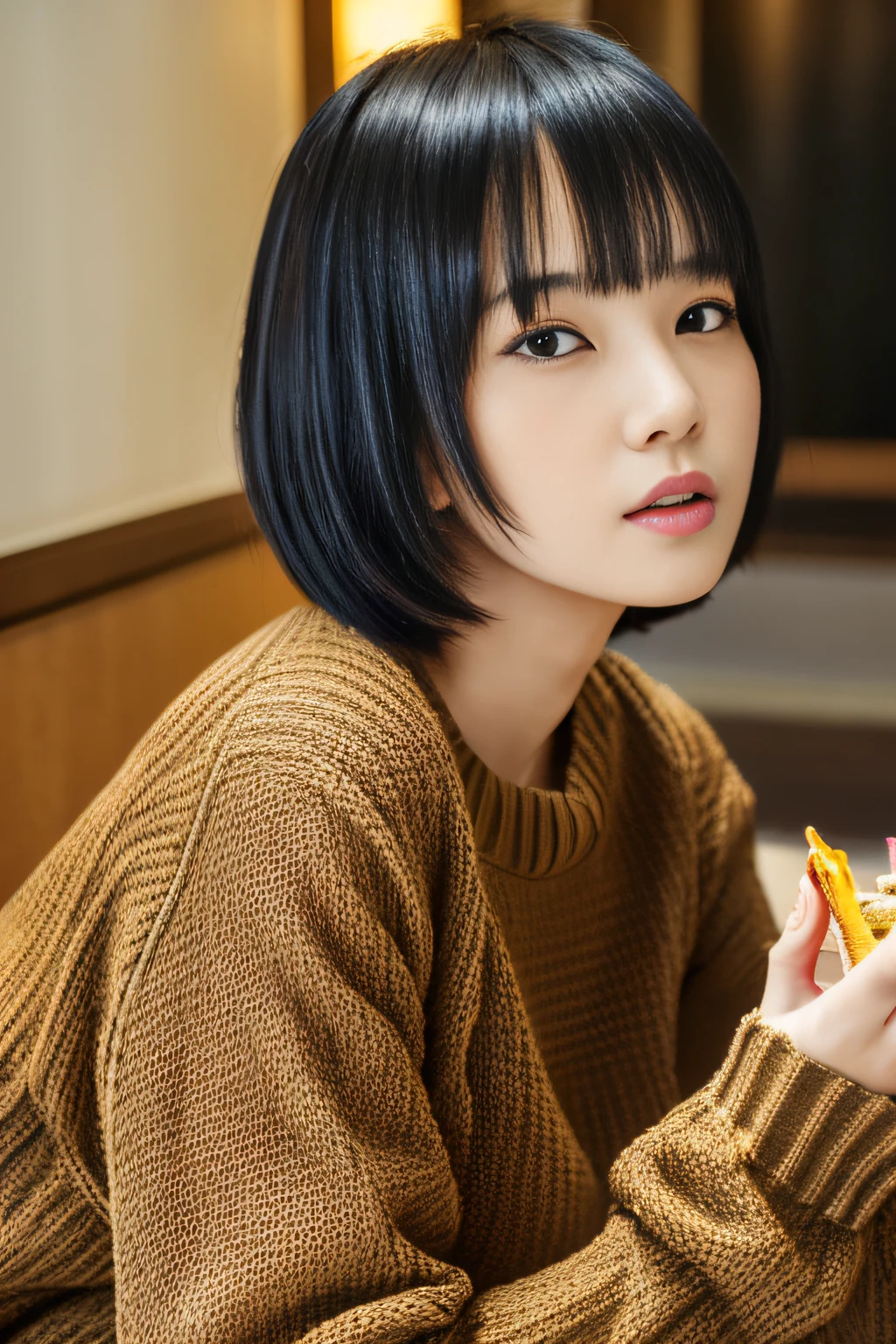 (masutepiece:1.3), (8K, Photorealistic, Raw photo, Best Quality: 1.4), (Malay girls), Beautiful face, (Realistic face), (Black hair, Short hair:1.3), woman eating cake at cafe、large full breasts、Mature clothes、Beautiful hairstyle, Realistic eyes, Beautiful detailed eyes, (Realistic skin), Beautiful skin, (Sweaters), absurderes, Attractive, 超A high resolution, A hyper-realistic, Highly detailed, Golden ratio