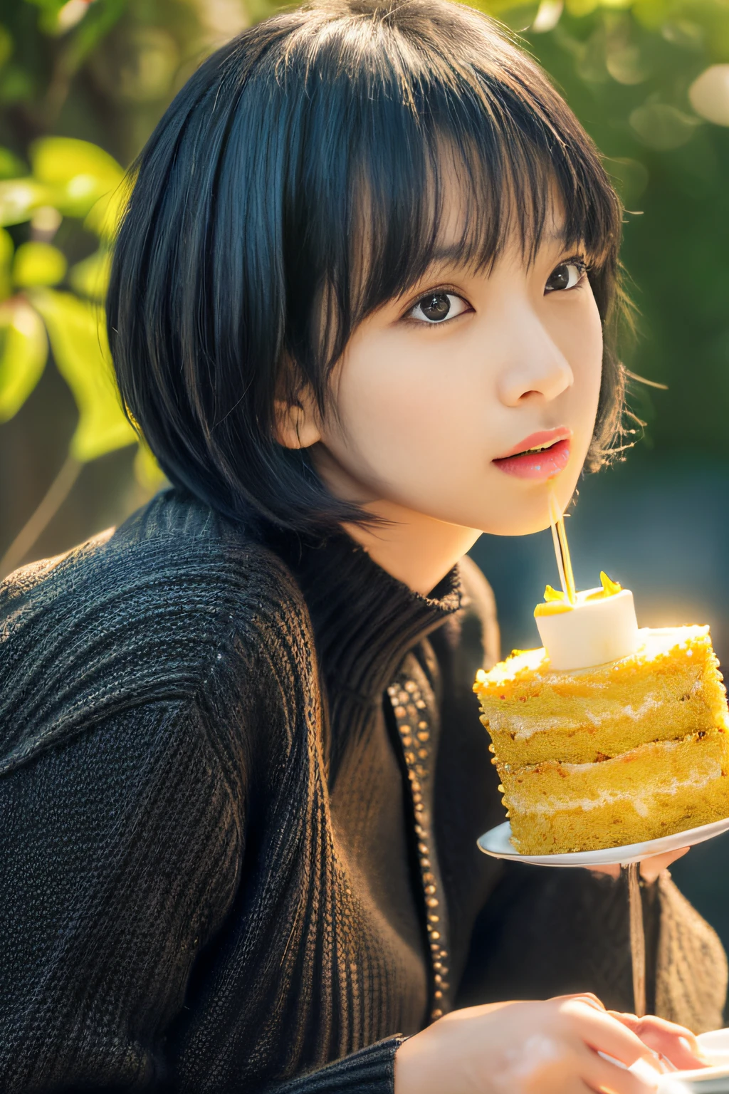 (masutepiece:1.3), (8K, Photorealistic, Raw photo, Best Quality: 1.4), (Malay girls), Beautiful face, (Realistic face), (Black hair, Short hair:1.3), woman eating cake at cafe、large full breasts、Mature clothes、Beautiful hairstyle, Realistic eyes, Beautiful detailed eyes, (Realistic skin), Beautiful skin, (Sweaters), absurderes, Attractive, 超A high resolution, A hyper-realistic, Highly detailed, Golden ratio