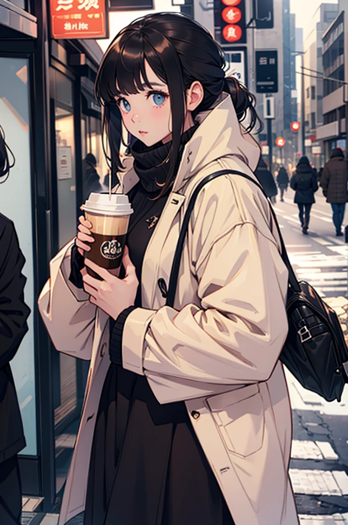 Beautiful girl in oversized winter clothes drinking coffee、In the street、overlooks